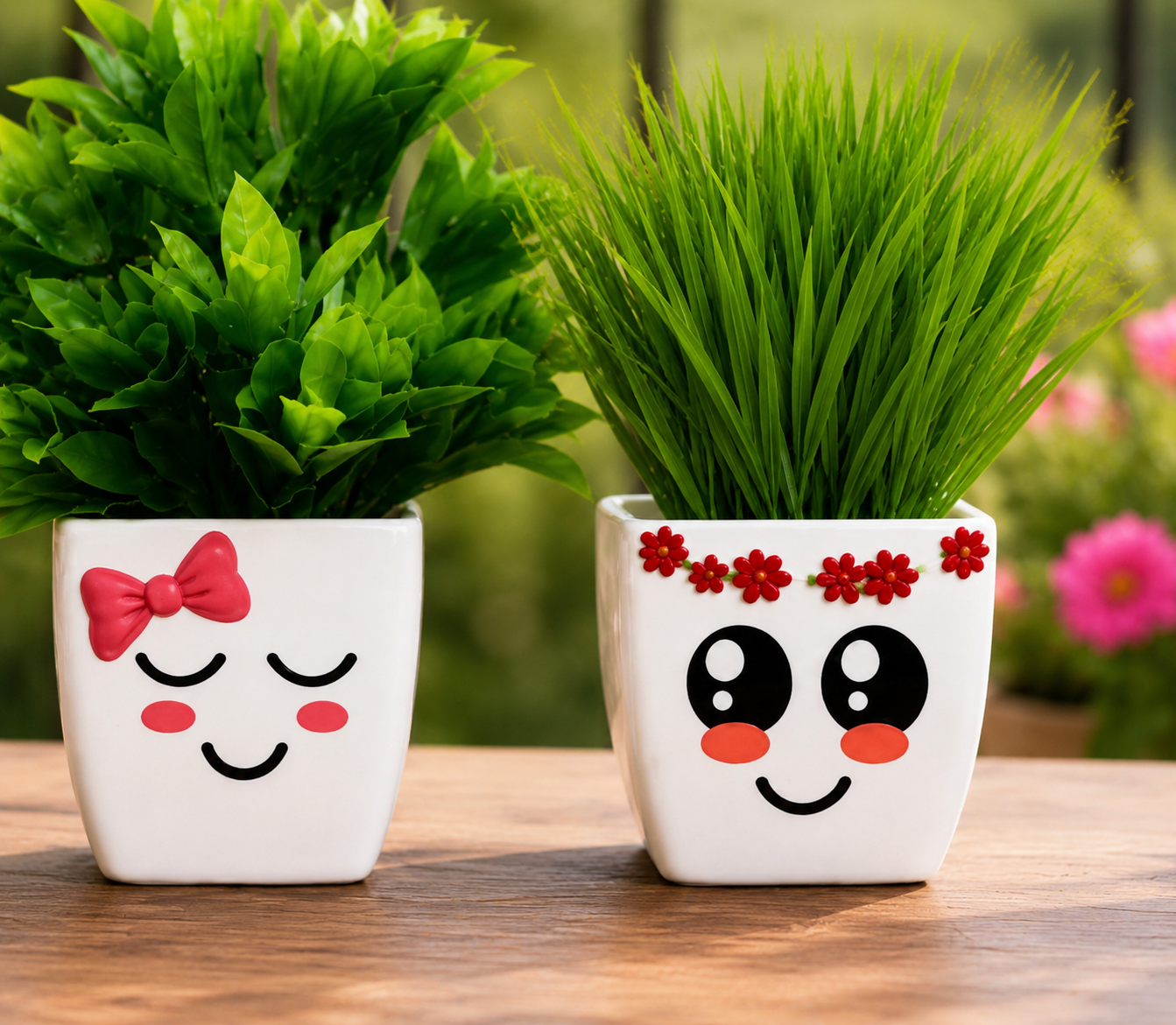 Livora Cute Emoji Face Artificial Plant Pots Set – Decorative Mini Indoor Flower Pots for Home