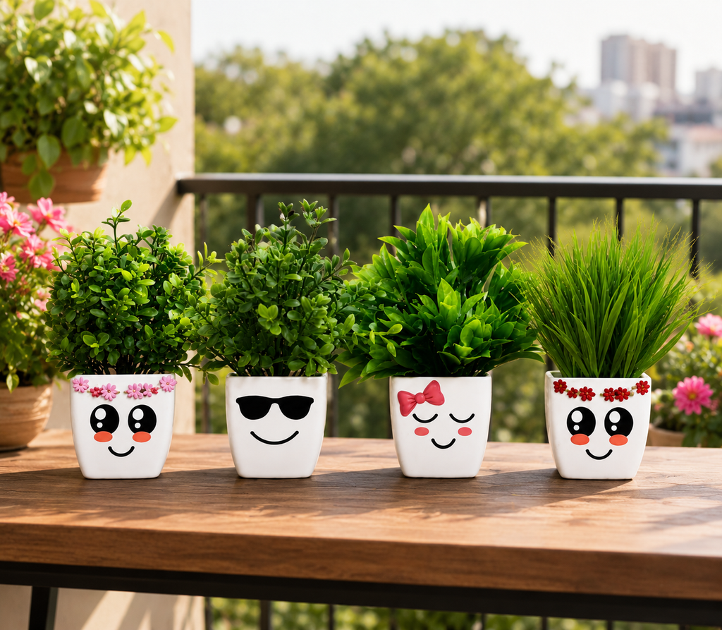 Livora Cute Emoji Face Artificial Plant Pots Set – Decorative Mini Indoor Flower Pots for Home