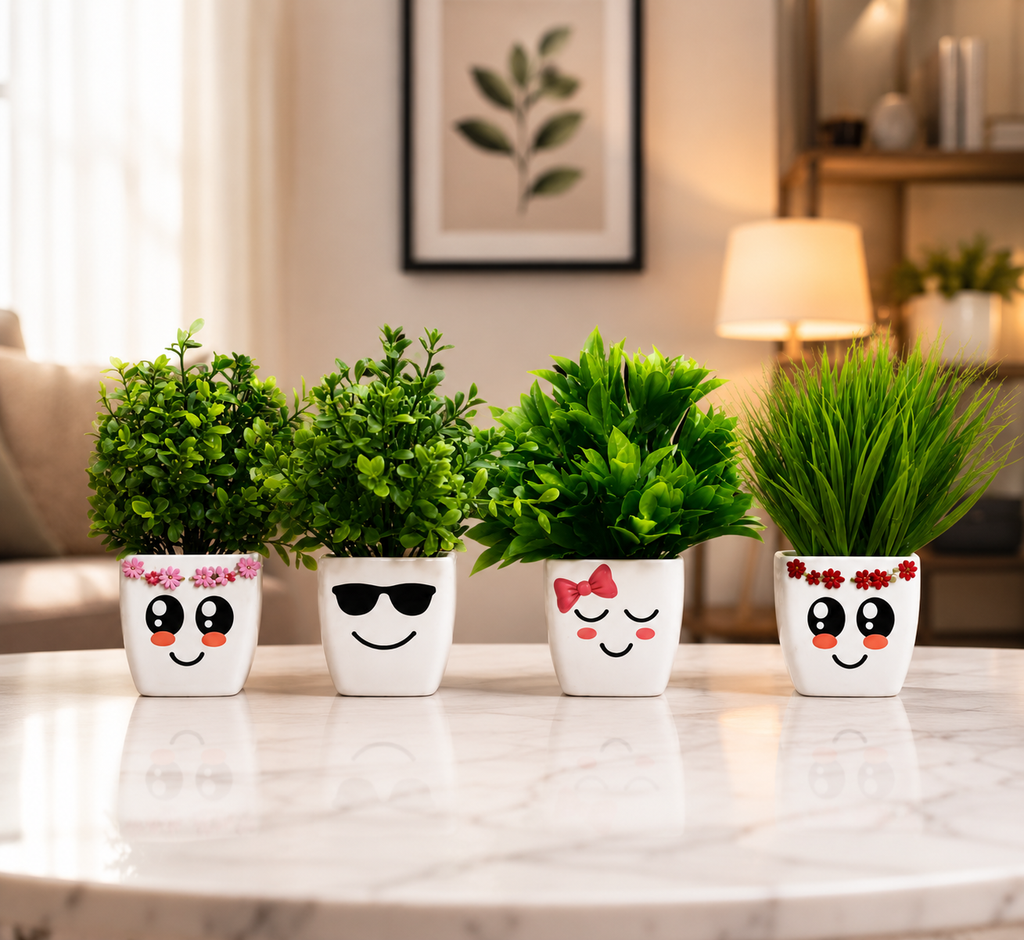 Livora Cute Emoji Face Artificial Plant Pots Set – Decorative Mini Indoor Flower Pots for Home