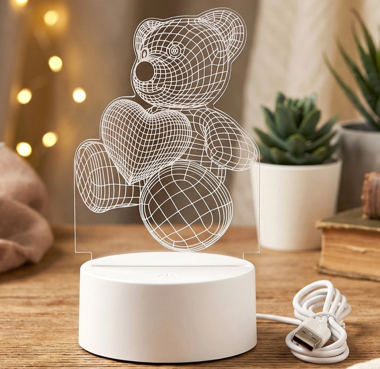 Livora Cute Teddy Bear 3D illusion LED Night Lamp With USB Power -Romantic Decorative Table Light