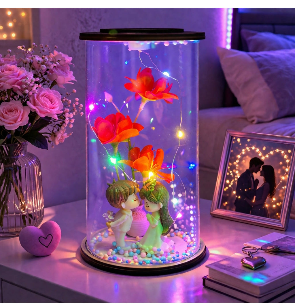 Livora Couple Flower LED Glass Dome Decorative Night Lamp