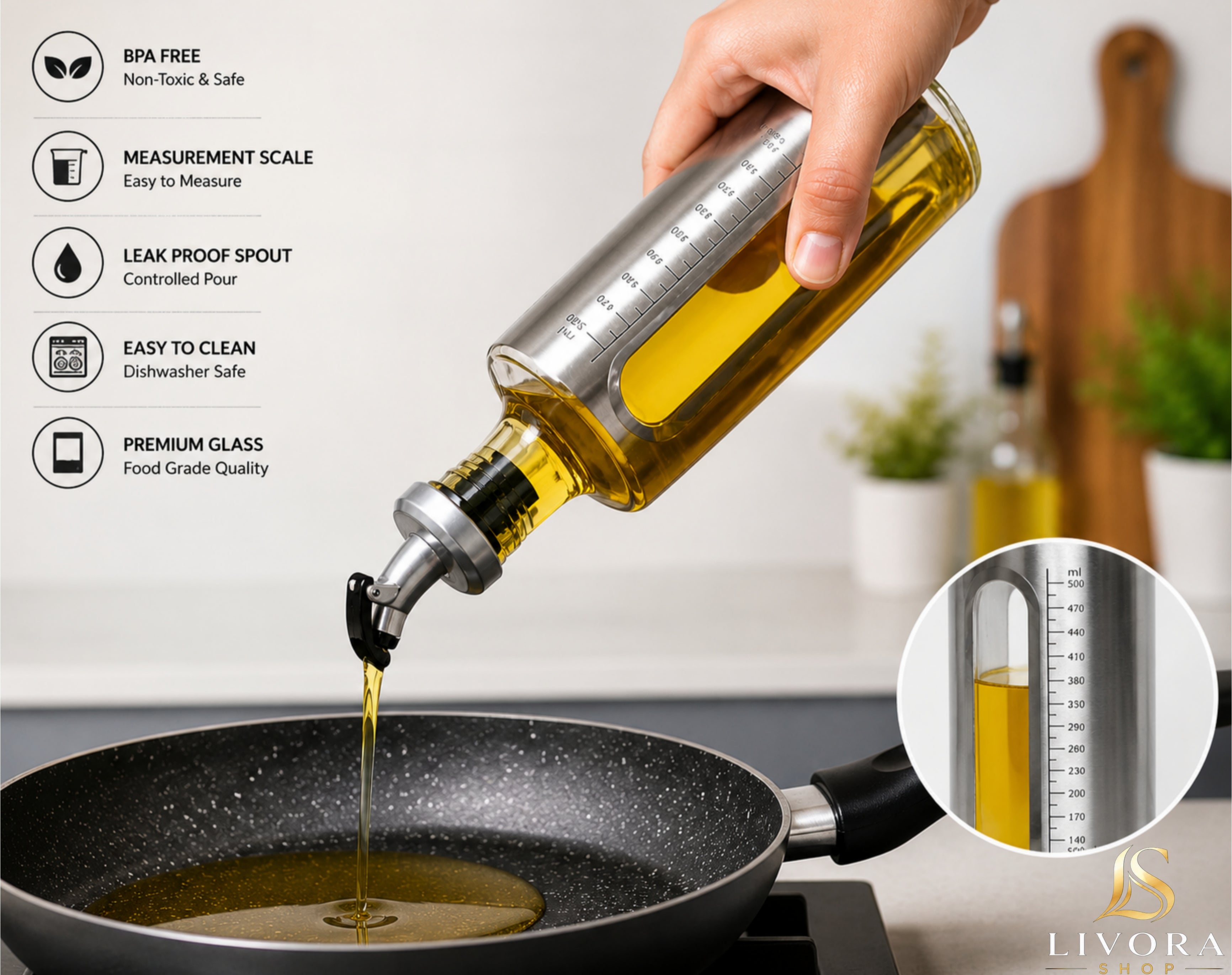 Livora Premium Oil Dispenser Bottle With Measurement Scale- LeakProof Kitchen Oil Pourer