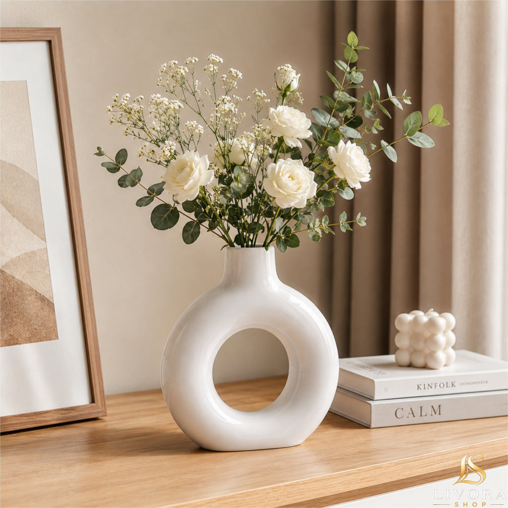 Livora Minimalist Nordic Ceramic Donut Vase - Modern Decorative Flower Vase For Home and Office